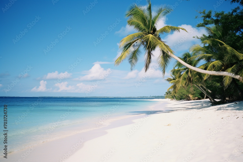 A tropical beach with white sand, palm trees, and clear blue water.