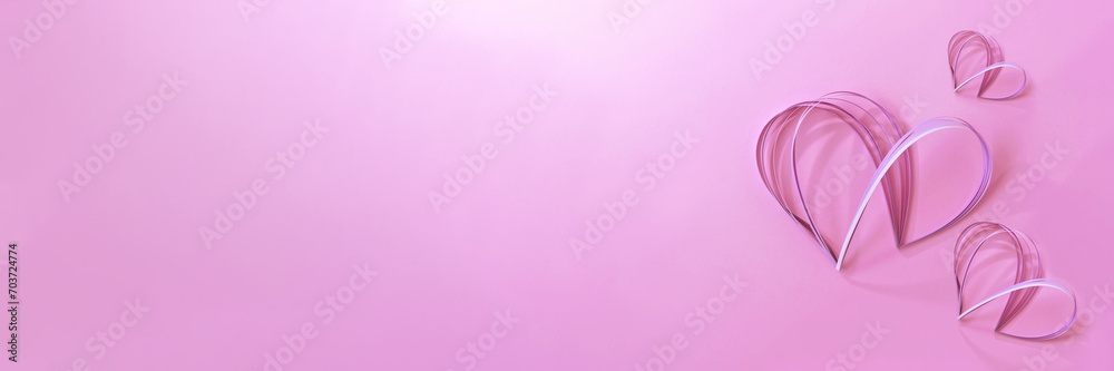 Obraz premium Styled paper crafted quilled hearts on bright pink background with soft light shadows, holiday festive long banner for Valentine day celebration, February 14