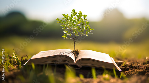 Opened book with growing tree in the spring on a meadow with grass. Concept of education, knowledge and learning. #703724756