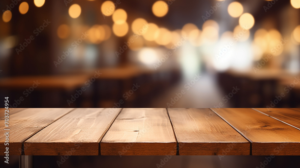 Empty wooden table top with blurred coffee shop - obrazy, fototapety, plakaty 