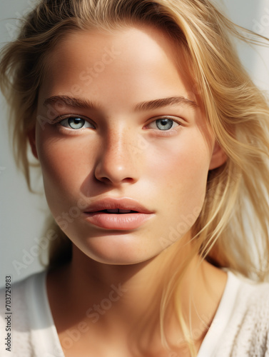 Beautiful young woman with blond hair and blue eyes. Natural beauty close-up of a top model with glowing healthy skin