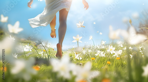 Young woman runnung on a meadow with flowers in the spring. Concept of freedom, happiness and beauty. photo