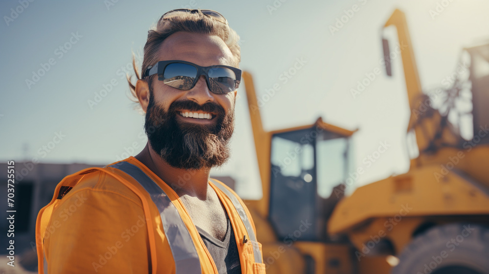 Successful Civil Engineer Wearing smiling At Camera On Construction Site on a Sunny Day While Heavy Machinery Working.