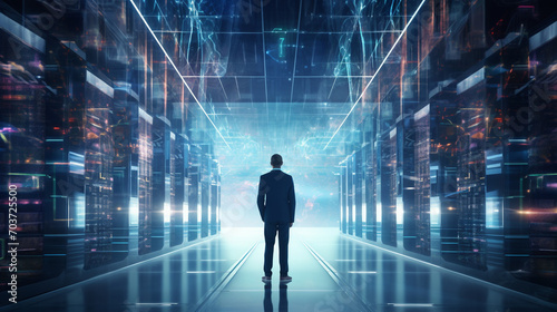 Futuristic Concept Data Centre. Technology Officer Standing In Warehouse, Information Digitalization Lines Streaming Through Servers. SAAS, Cloud Computing, Web Service  photo