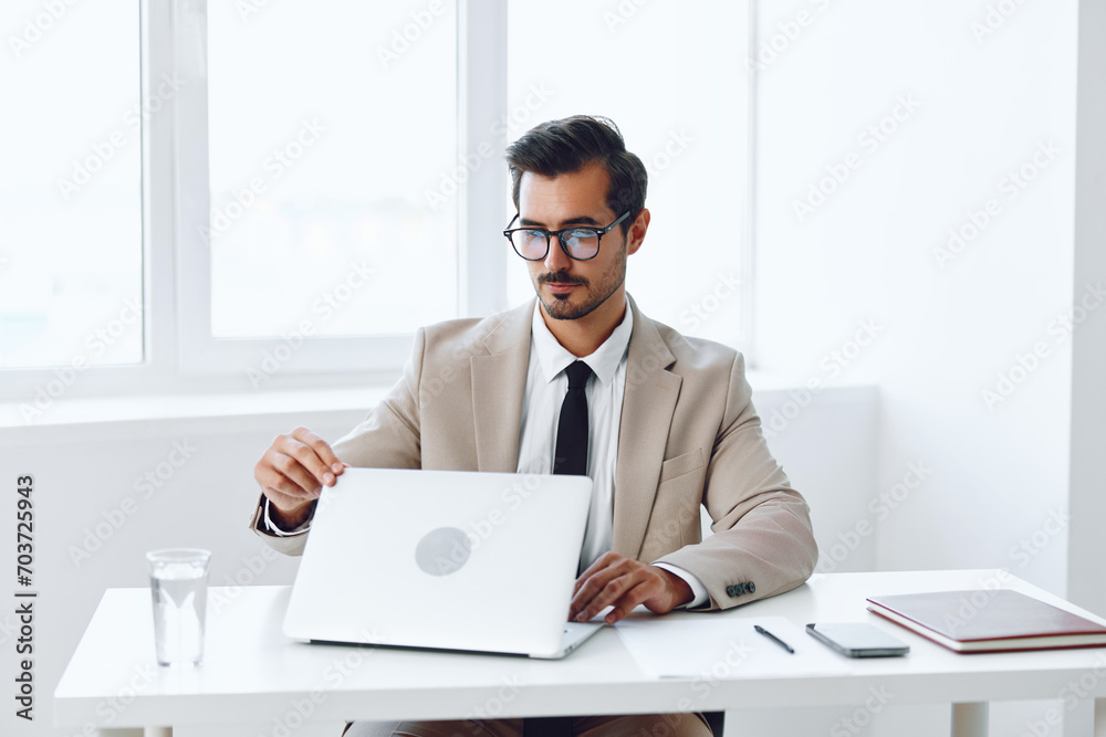 Occupation man job winner technology caucasian suit expression office happy businessman business laptop