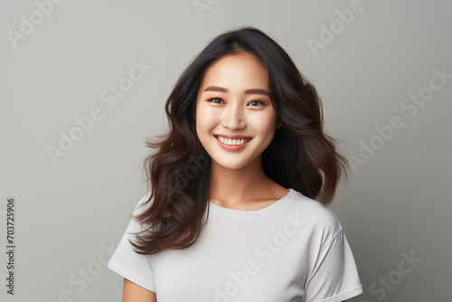 Photo of an happy woman wearing casual clothes. Portrait. Isolated on a grey background.