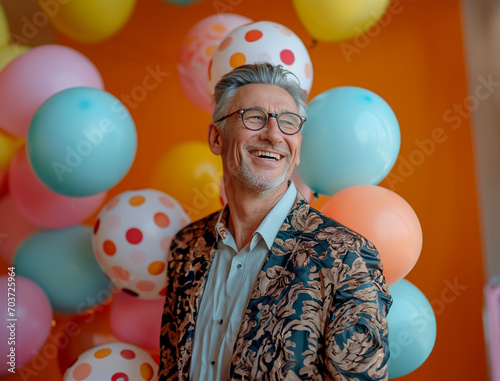 Senior Gentleman in Eyeglasses Celebrating with Balloons at Nerds Themed Party © Debi Kurnia Putra