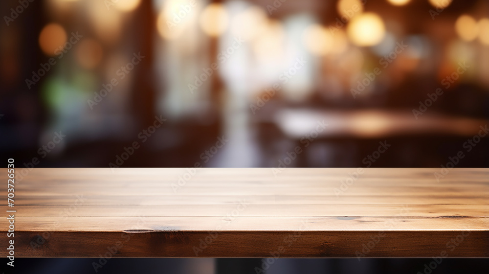 Wood table top with blur counter coffee shop cafe background