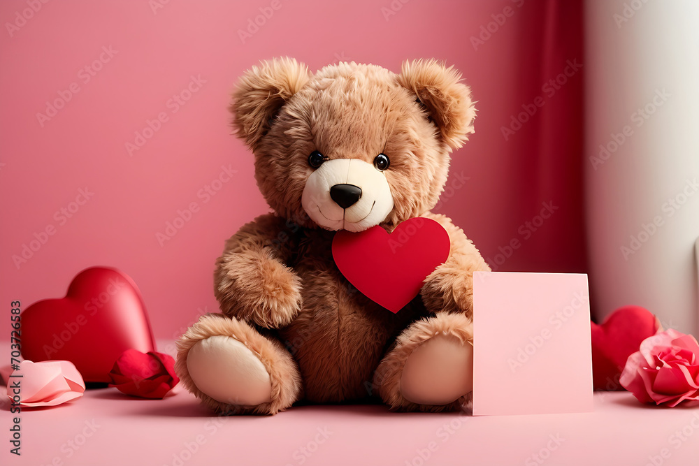 Cute teddy bear with red heart and blank card on pink background, space for text. Valentine's day celebration Cute teddy bear with red heart and blank card on pink background, space for text. Valentine's day celebration
