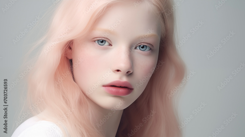 Portrait of beautiful albino teen girl with naive facial expression and plump lips. Natural beauty with glowing healthy skin. Advertising of cosmetics, perfumes Portrait of beautiful albino teen girl with naive facial expression and plump lips. Natural beauty with glowing healthy skin. Advertising of cosmetics, perfumes