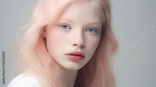 Portrait of beautiful albino teen girl with naive facial expression and plump lips. Natural beauty with glowing healthy skin. Advertising of cosmetics, perfumes