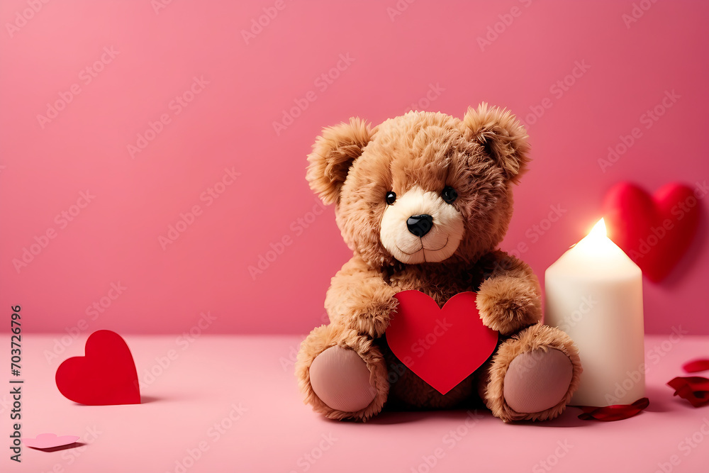 Cute teddy bear with red heart and blank card on pink background, space for text. Valentine's day celebration Cute teddy bear with red heart and blank card on pink background, space for text. Valentine's day celebration