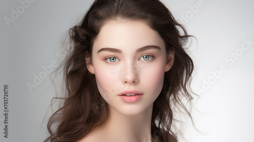Beautiful teen girl with blue eyes, black curly hair, naive facial expression close-up. Natural beauty with glowing healthy skin. Advertising of cosmetics, perfumes