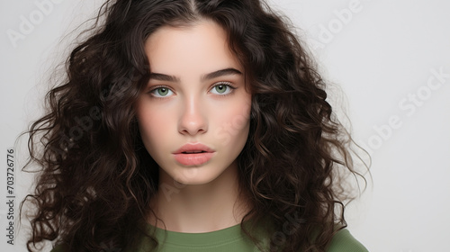 Portrait of beautiful teen girl with green eyes, brown curly hair, naive facial expression. Natural beauty with glowing healthy skin. Advertising of cosmetics, perfumes