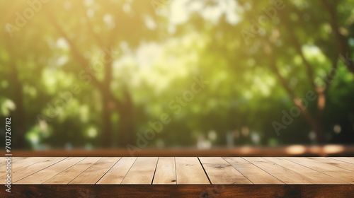 Wooden board empty table blurred background.