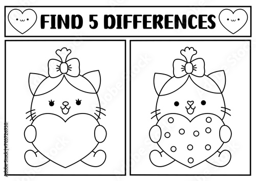 Saint Valentine kawaii black and white find differences game. Attention skills line activity with cute sitting cat with heart. Love holiday puzzle, coloring page for kids. Printable worksheet.