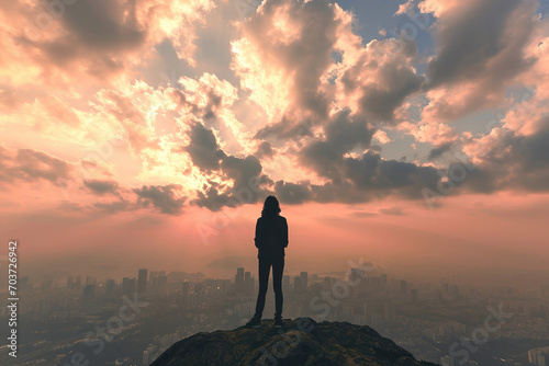 Silhouette of a person standing on a peak overlooking a cityscape bathed in the warm glow of a dramatic sunset.