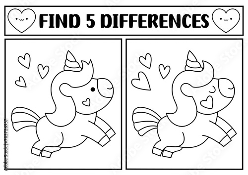 Saint Valentine kawaii black and white find differences game. Attention skills activity with cute unicorn with heart. Love holiday puzzle, coloring page for kids. Printable what is different worksheet
