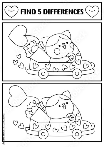 Saint Valentine kawaii black and white find differences game. Attention skills activity with cat on car with heart, flower bouquet. Love holiday puzzle, coloring page for kids. Printable worksheet.