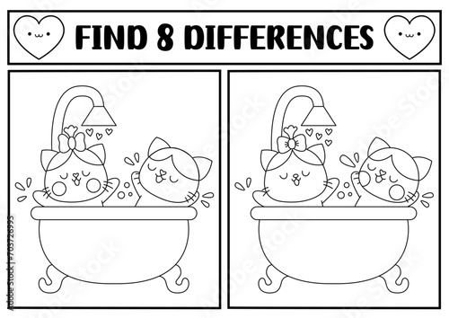 Saint Valentine kawaii black and white find differences game. Attention skills activity with cat couple taking bath in bathtub. Love holiday puzzle, coloring page for kids. Printable worksheet.
