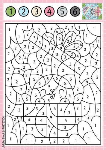 Vector Saint Valentine color by number activity with cute kawaii cat getting out the present box. Love holiday scene. Black and white counting game with funny kitten. Coloring page for kids.