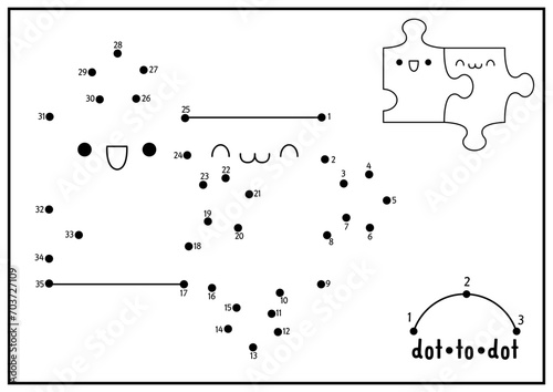 Vector Saint Valentine dot-to-dot and color activity with cute kawaii jigsaw puzzle couple. Love holiday connect the dots game with funny character. Coloring page for kids. Printable worksheet.