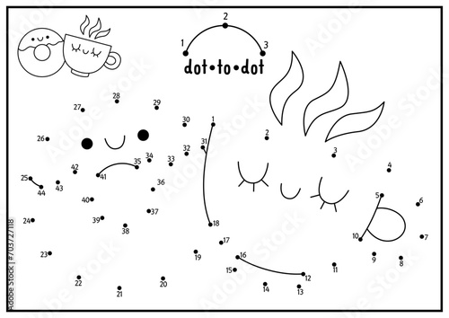 Vector Saint Valentine dot-to-dot and color activity with cute kawaii cup and donut. Love holiday connect the dots game with funny character. Coloring page for kids. Printable worksheet.