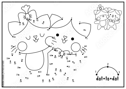 Vector Saint Valentine dot-to-dot and color activity with cute kawaii cat couple. Love holiday connect the dots game with funny character. Coloring page for kids. Printable worksheet.