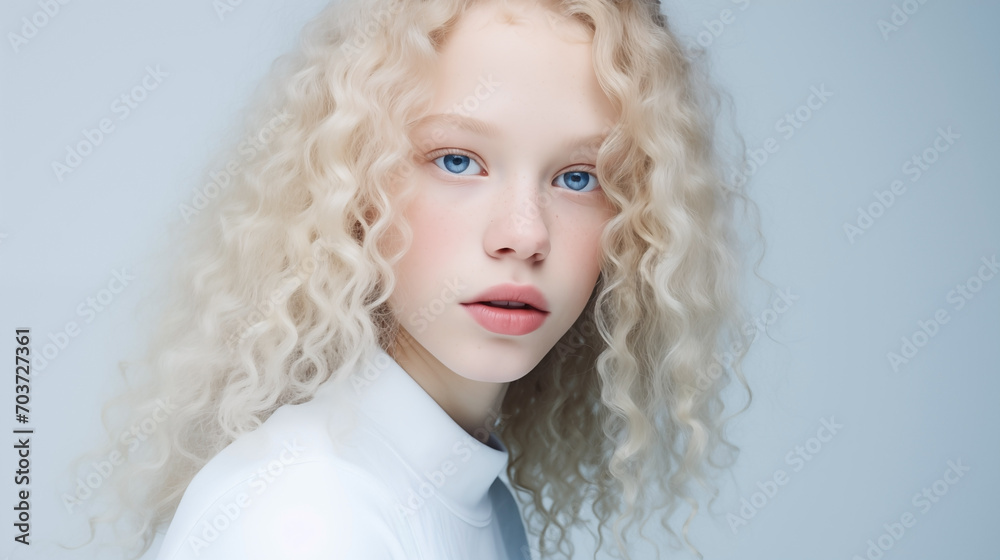 Beautiful albino teen girl with curly hair, naive facial expression and plump lips close-up. Natural beauty with glowing healthy skin. Advertising of cosmetics, perfumes