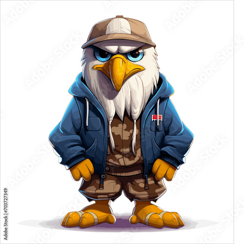 Cartoon cute eagle with big eyes in hip hop clothes, animal sticker vector