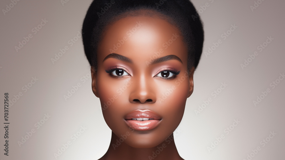 Beautiful young black woman with glowing healthy skin close-up. Advertising of cosmetics, perfumes, copy space Beautiful young black woman with glowing healthy skin close-up. Advertising of cosmetics, perfumes, copy space