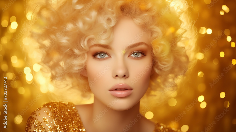 Portrait of gorgeous blonde woman in golden dress on glitter background
