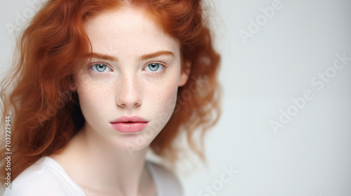 Portrait of beautiful teen girl with ginger hair, blue eyes, plump lips, naive facial expression. Natural beauty with freckles on the face. Advertising of cosmetics, perfumes