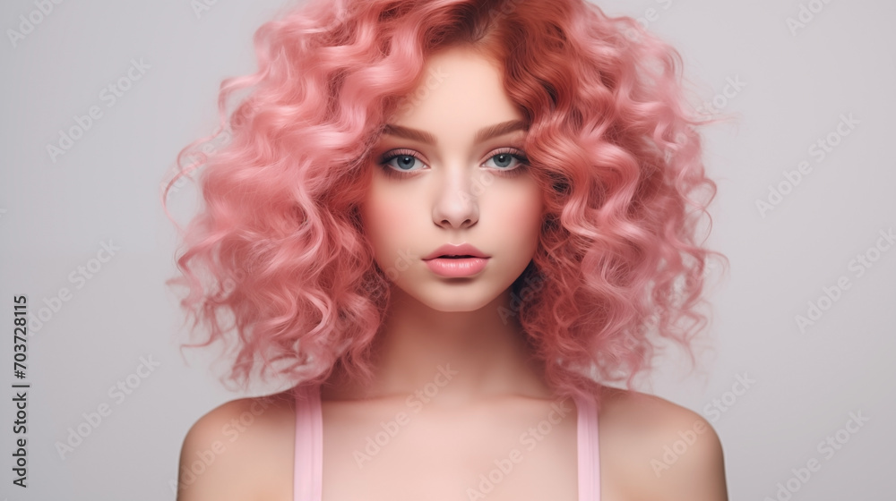 Beautiful young woman with blue eyes, pink curly hair, plump lips, naive facial expression close-up. Natural beauty with glowing healthy skin. Advertising of cosmetics, perfumes, copy space