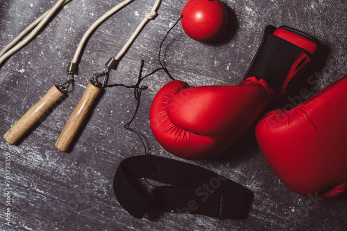 Boxing equipment in a flat lay photo. Boxing gloves, next to a skipping rope and a reflex ball on a gray background photo