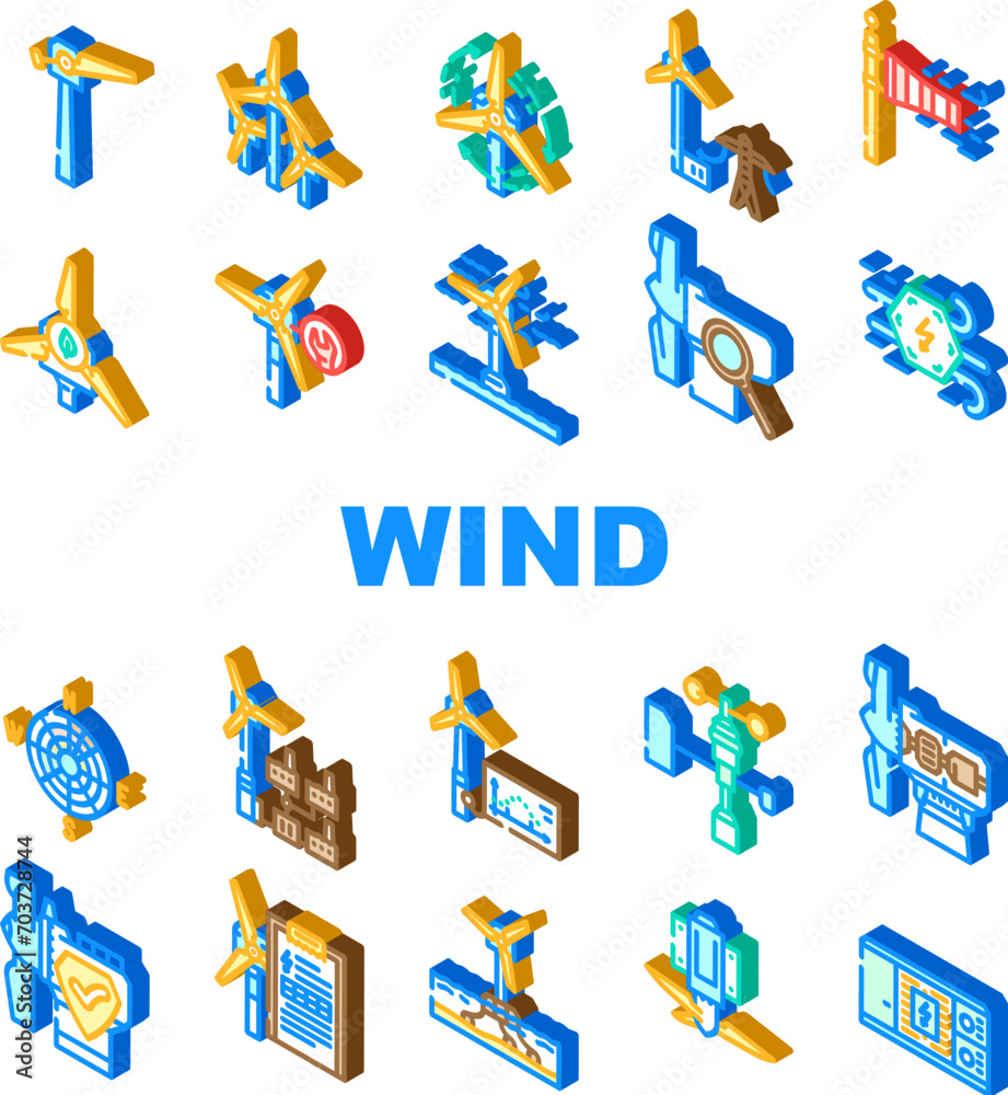 wind energy power turbine icons set vector. farm renewable, sustainable industry, electric generator, green environment, mill wind energy power turbine isometric sign illustrations