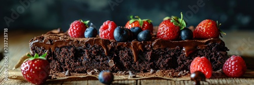 Chocolate Brownie Cake Decorated Strawberries Blue, Banner Image For Website, Background, Desktop Wallpaper