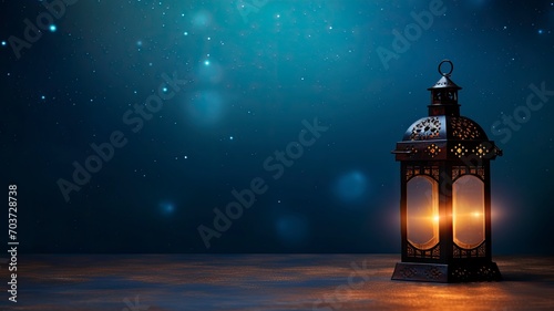 Arabic Lantern With Glowing Light Burning Candle on Night Sky Background on left  empty space on right  copy space - generative ai