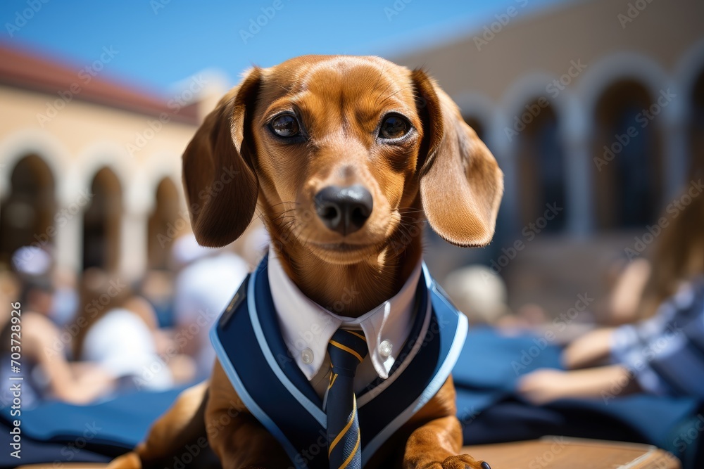 Red dachshund dog with tie outdoor in the city