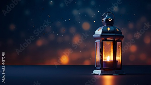 Arabic Lantern With Glowing Light Burning Candle on Night Sky Background on left  empty space on right  copy space - generative ai