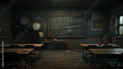 old school classroom with blackboard on the wall