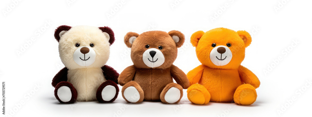 Soft toy fluffy bears sitting in a row on white background, Closeup Soft toy fluffy bears sitting in a row on white background, Closeup