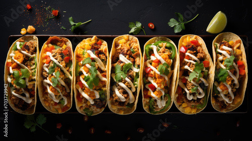 Appetizing tacos on dark background. top view