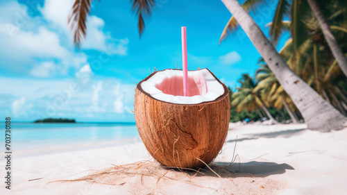 Coconut cocktail on tropical beach with palm trees and white sand