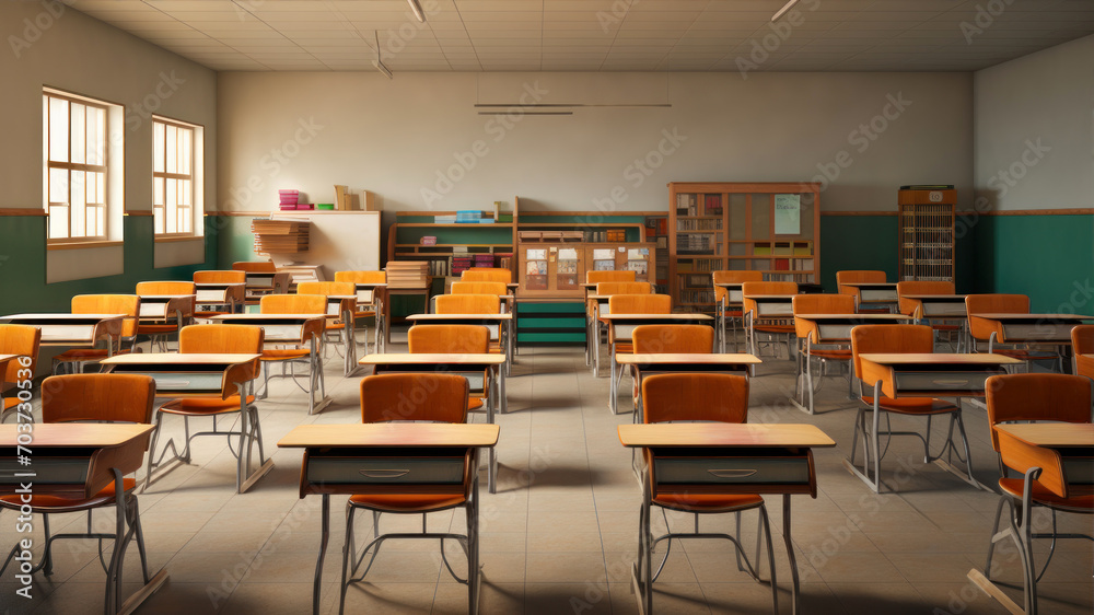 Interior of an empty classroom with desks and chairs.