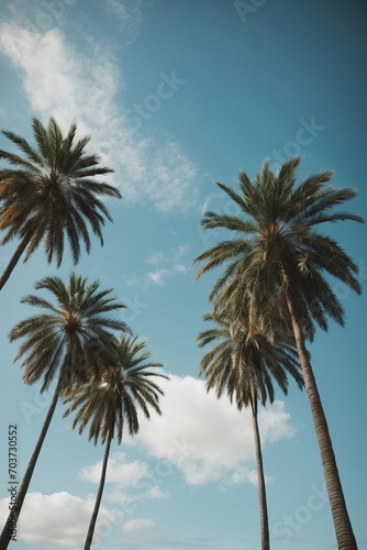 Palm trees in summer with clear blue sky, photo taken from ground looking up, tropical vacation generative AI