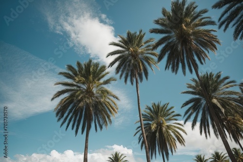 Palm trees in summer with clear blue sky, photo taken from ground looking up, tropical vacation generative AI © VistaVisions