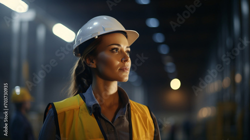 Professional Heavy Industry Engineer/Worker Wearing Safety Uniform and Hard Hat in a Metal Manufacture Warehouse © Banu