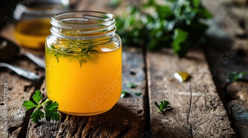 Depicts a glass jar filled with fresh, yellow bone broth, placed on a rustic wooden table
