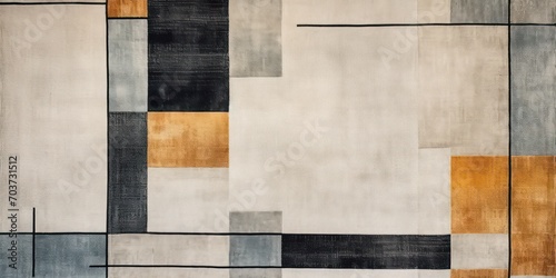 Modern geometric rug featuring an intricate wall edging pattern. It draws inspiration from glazed surfaces and boasts a rustic texture, with a color palette ranging from light yellow to dark blue. photo